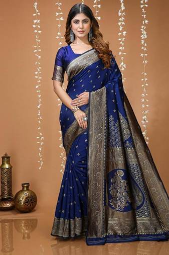 blue silk blend woven work saree with un-stitched blouse