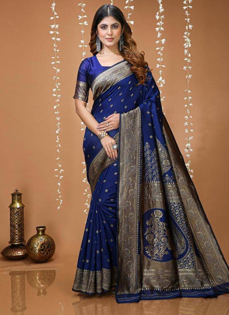 blue silk blend woven work saree with un-stitched blouse