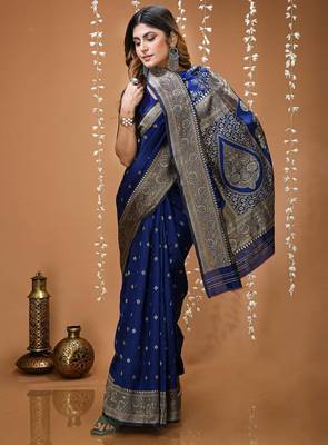 blue silk blend woven work saree with un-stitched blouse 4