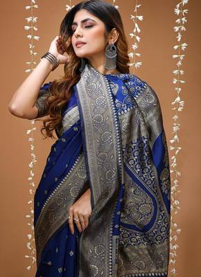 blue silk blend woven work saree with un-stitched blouse 5