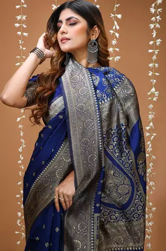 blue silk blend woven work saree with un-stitched blouse