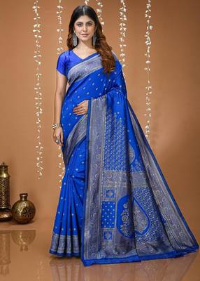 royal blue silk blend woven work saree with un-stitched blouse 1