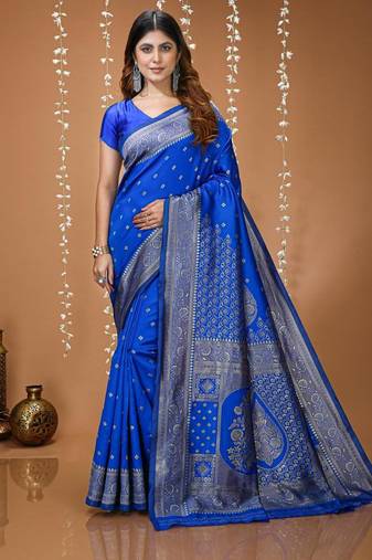 royal blue silk blend woven work saree with un-stitched blouse