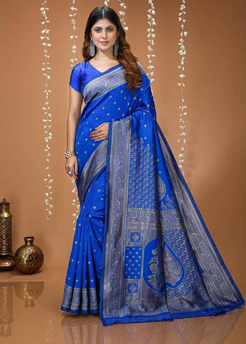 royal blue silk blend woven work saree with un-stitched blouse