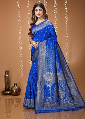 royal blue silk blend woven work saree with un-stitched blouse 2