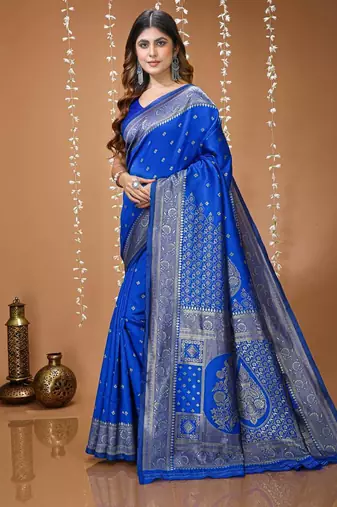 royal blue silk blend woven work saree with un-stitched blouse