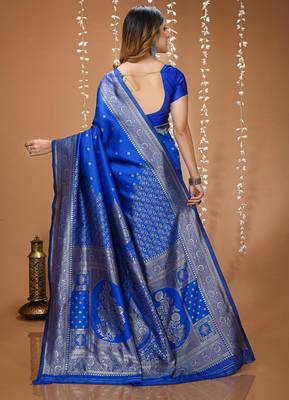 royal blue silk blend woven work saree with un-stitched blouse 3