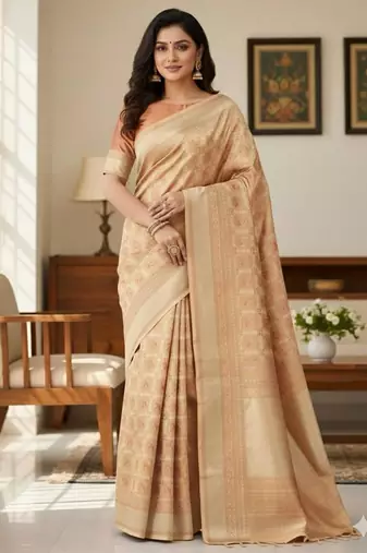 beige silk blend zari woven saree with un-stitched blouse