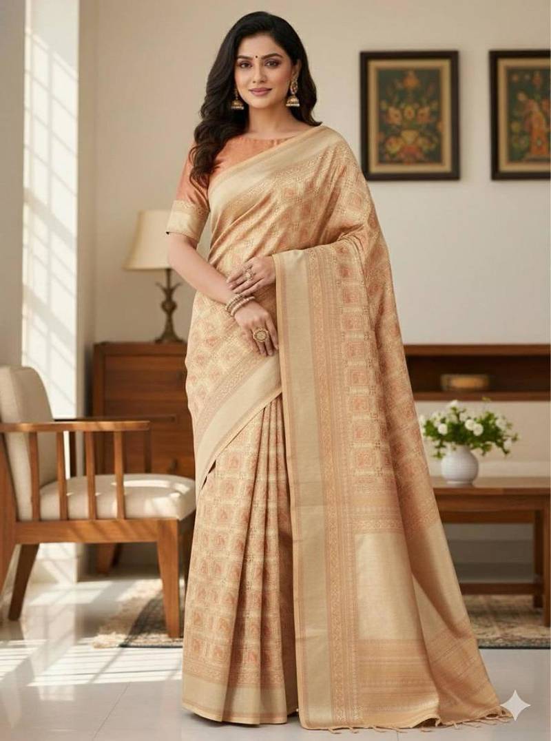 beige silk blend zari woven saree with un-stitched blouse