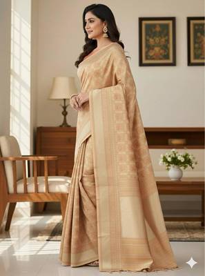 beige silk blend zari woven saree with un-stitched blouse 2