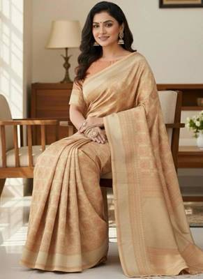beige silk blend zari woven saree with un-stitched blouse 3