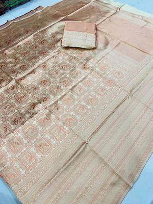 beige silk blend zari woven saree with un-stitched blouse 4