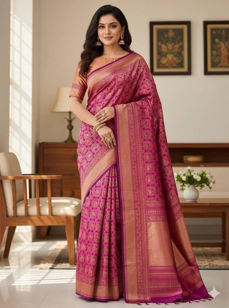 wine silk blend zari woven saree with un-stitched blouse