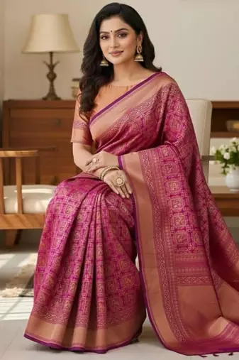 wine silk blend zari woven saree with un-stitched blouse
