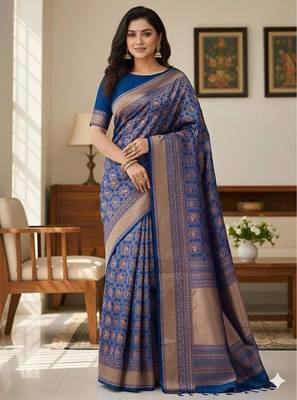 navy blue silk blend zari woven saree with un-stitched blouse 1
