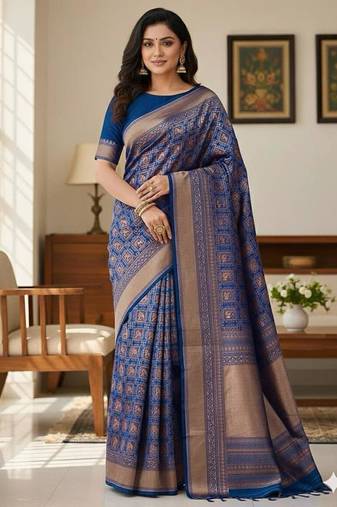 navy blue silk blend zari woven saree with un-stitched blouse