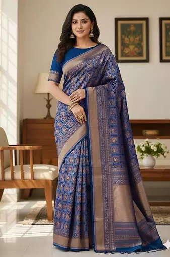 navy blue silk blend zari woven saree with un-stitched blouse