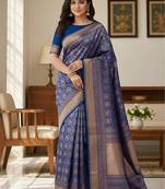 navy blue silk blend zari woven saree with un-stitched blouse