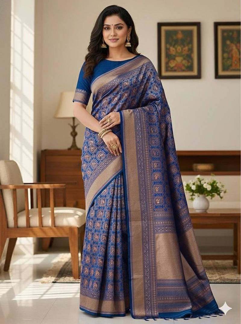 navy blue silk blend zari woven saree with un-stitched blouse