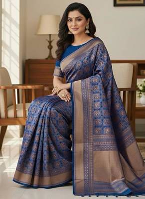 navy blue silk blend zari woven saree with un-stitched blouse 2