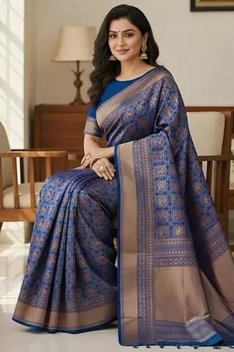 navy blue silk blend zari woven saree with un-stitched blouse