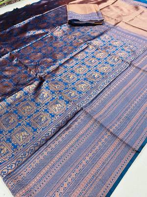 navy blue silk blend zari woven saree with un-stitched blouse 3