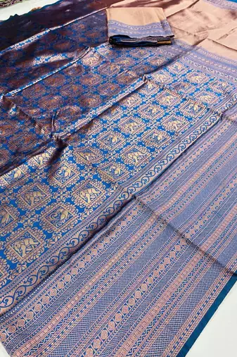 navy blue silk blend zari woven saree with un-stitched blouse