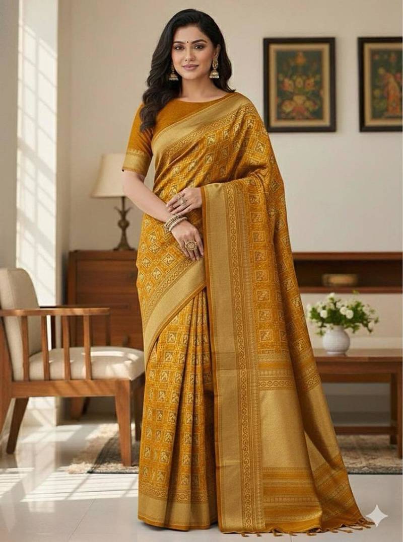 mustard silk blend zari woven saree with un-stitched blouse