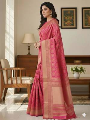 pink silk blend zari woven saree with un-stitched blouse 2