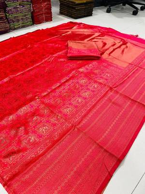 pink silk blend zari woven saree with un-stitched blouse 4