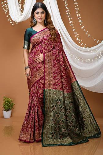 magenta silk blend woven work saree with blouse