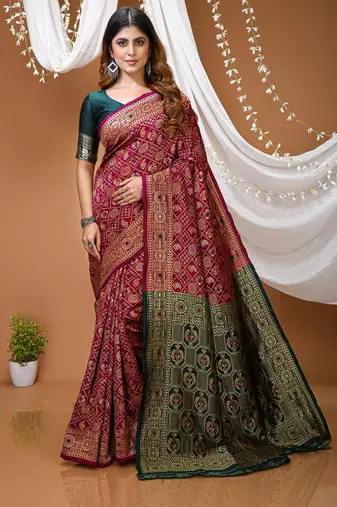 magenta silk blend woven work saree with blouse