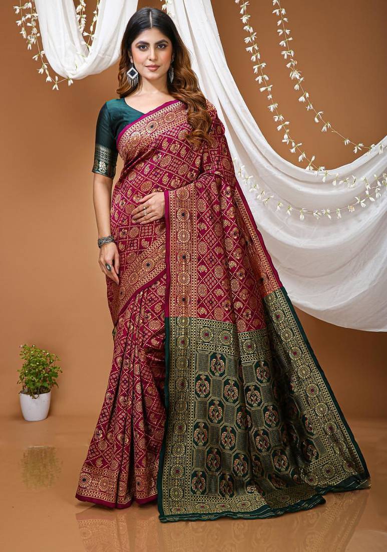 magenta silk blend woven work saree with blouse