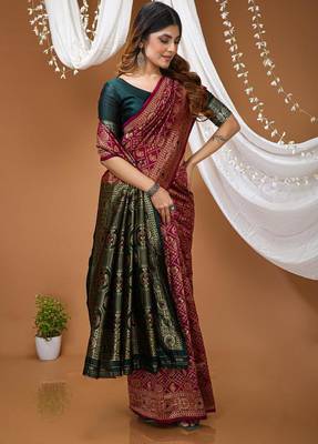 magenta silk blend woven work saree with blouse 4