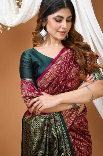 magenta silk blend woven work saree with blouse