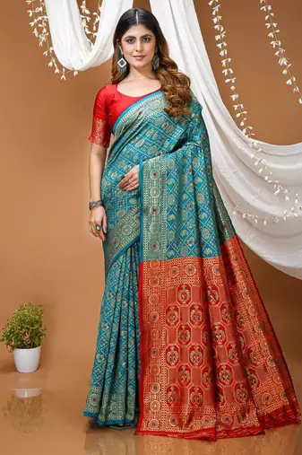 sea green silk blend woven work saree with blouse