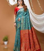 sea green silk blend woven work saree with blouse