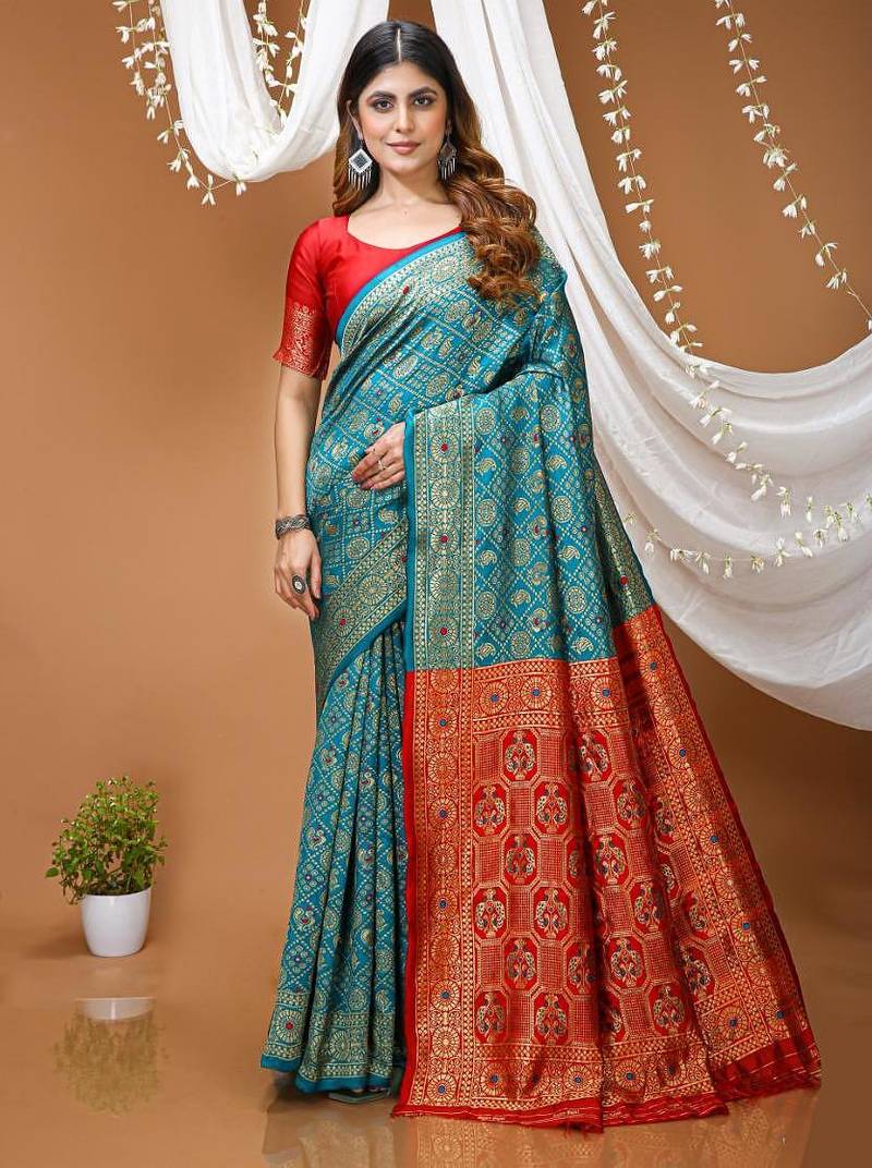 sea green silk blend woven work saree with blouse