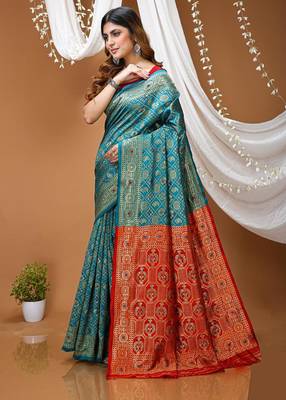 sea green silk blend woven work saree with blouse 2