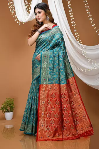 sea green silk blend woven work saree with blouse