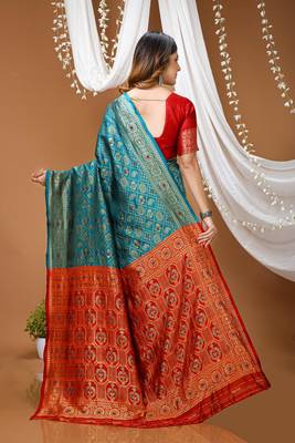sea green silk blend woven work saree with blouse 3