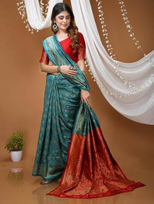 sea green silk blend woven work saree with blouse 4