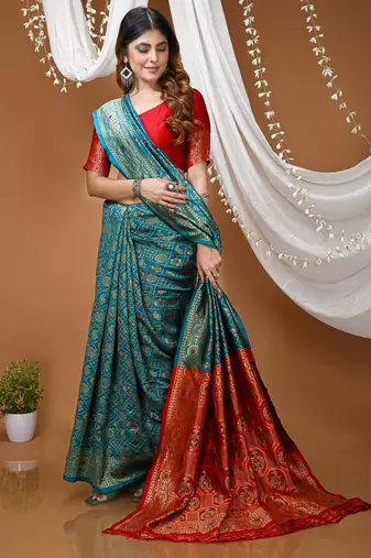 sea green silk blend woven work saree with blouse