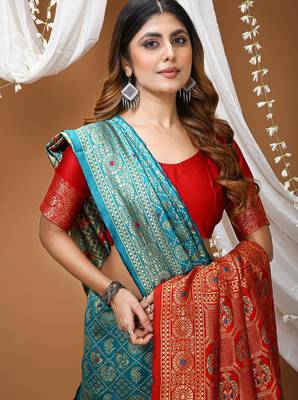 sea green silk blend woven work saree with blouse 5