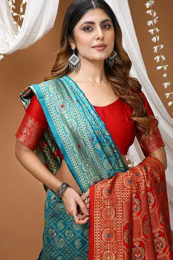 sea green silk blend woven work saree with blouse