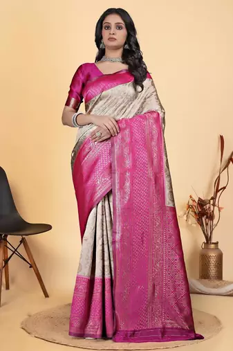 off white-pink silk blend zari woven saree with blouse