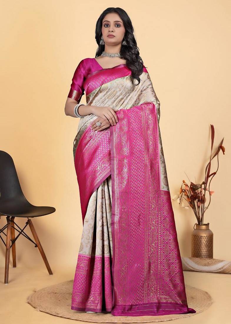 off white-pink silk blend zari woven saree with blouse