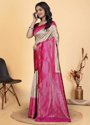 off white-pink silk blend zari woven saree with blouse 2
