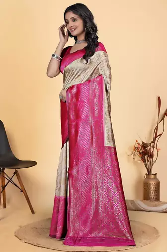 off white-pink silk blend zari woven saree with blouse