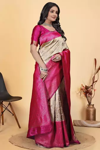 off white-pink silk blend zari woven saree with blouse